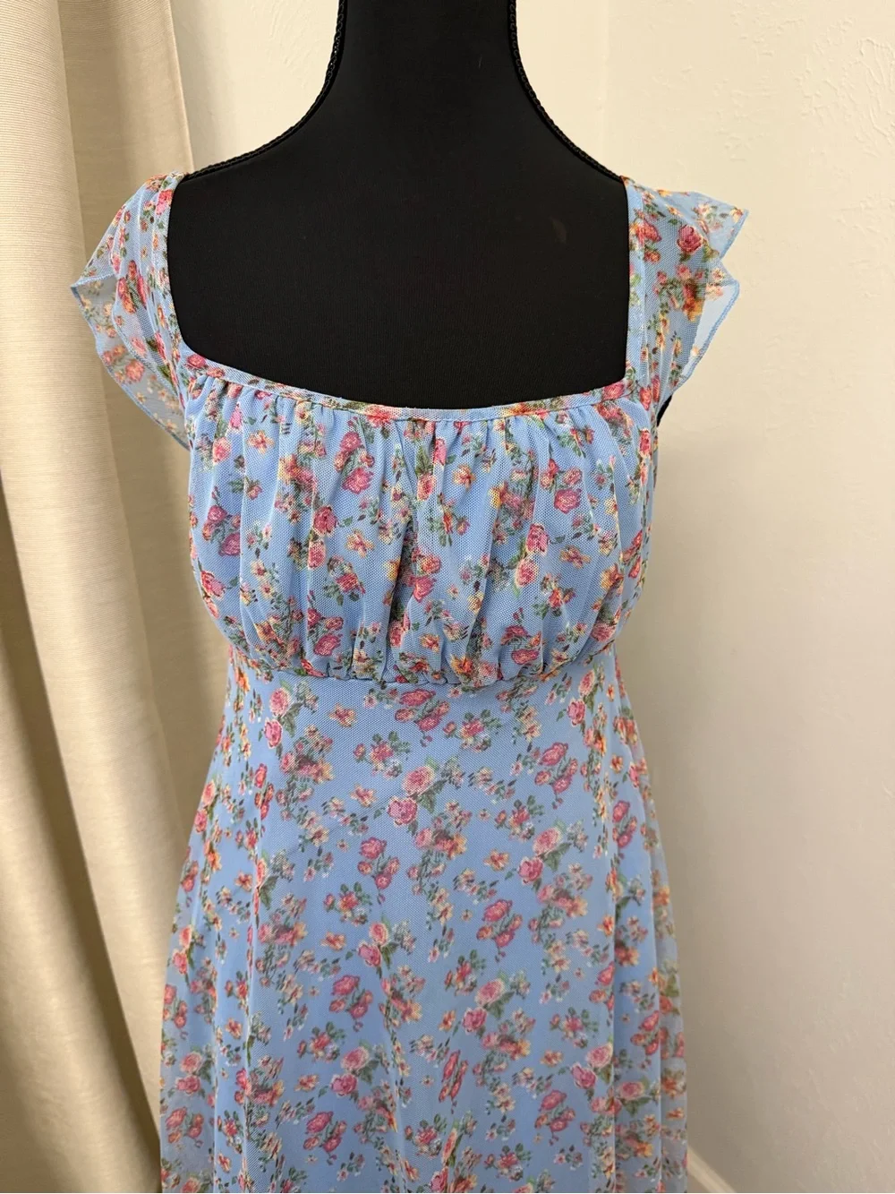 See You Monday Light Blue Floral Mini Dress with Pink Roses